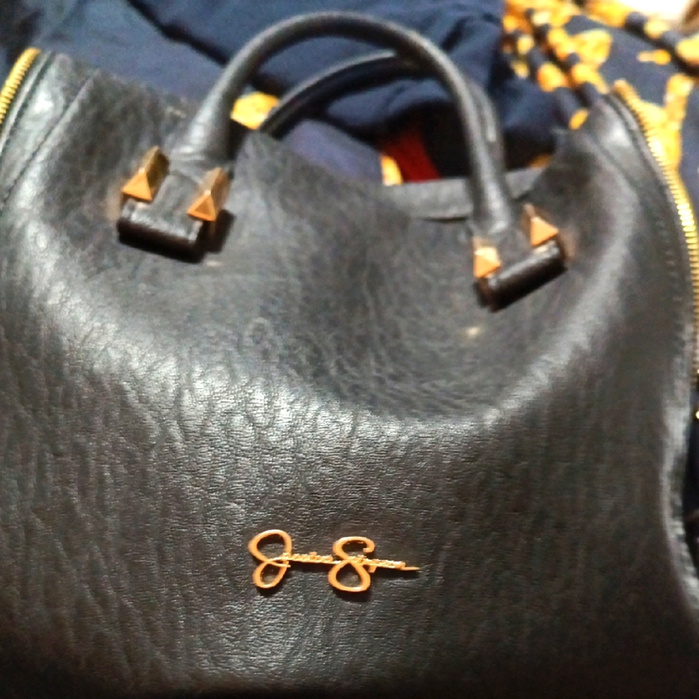 Jessica Simpson Black and Gold Satchel with Textured Leather and Gold Emblem